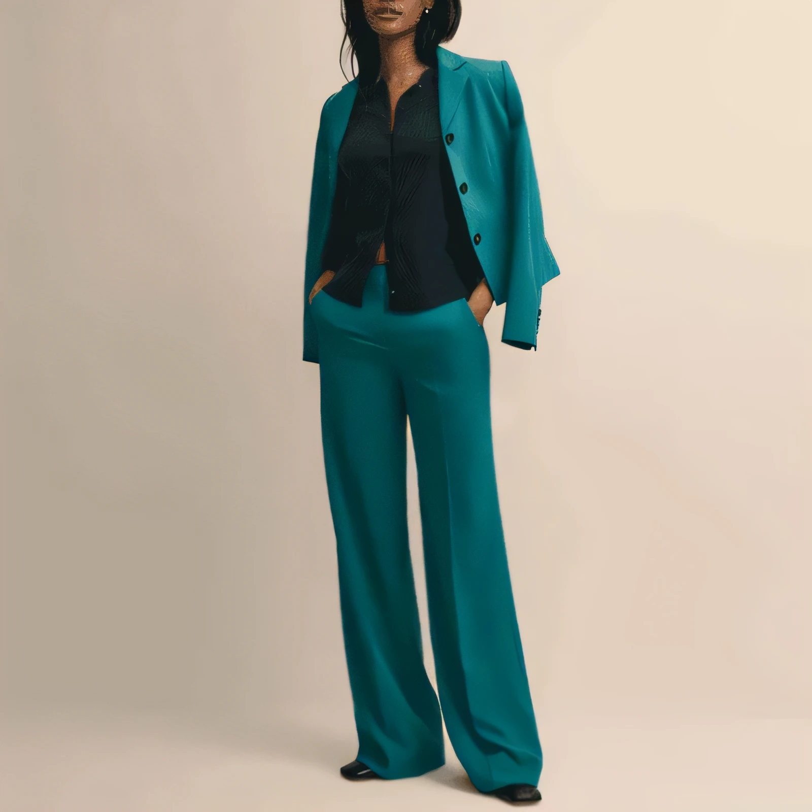 woman modeling a teal Brooks Brothers three-button blazer suit