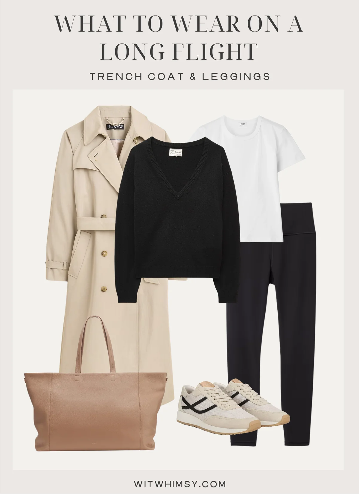 Coordinated long flight travel outfit with trench coat and knit layers
