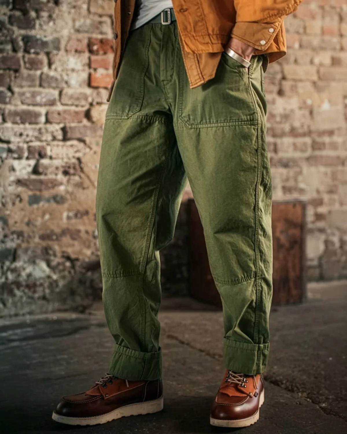 Olive cotton sateen military fatigue trousers flat lay