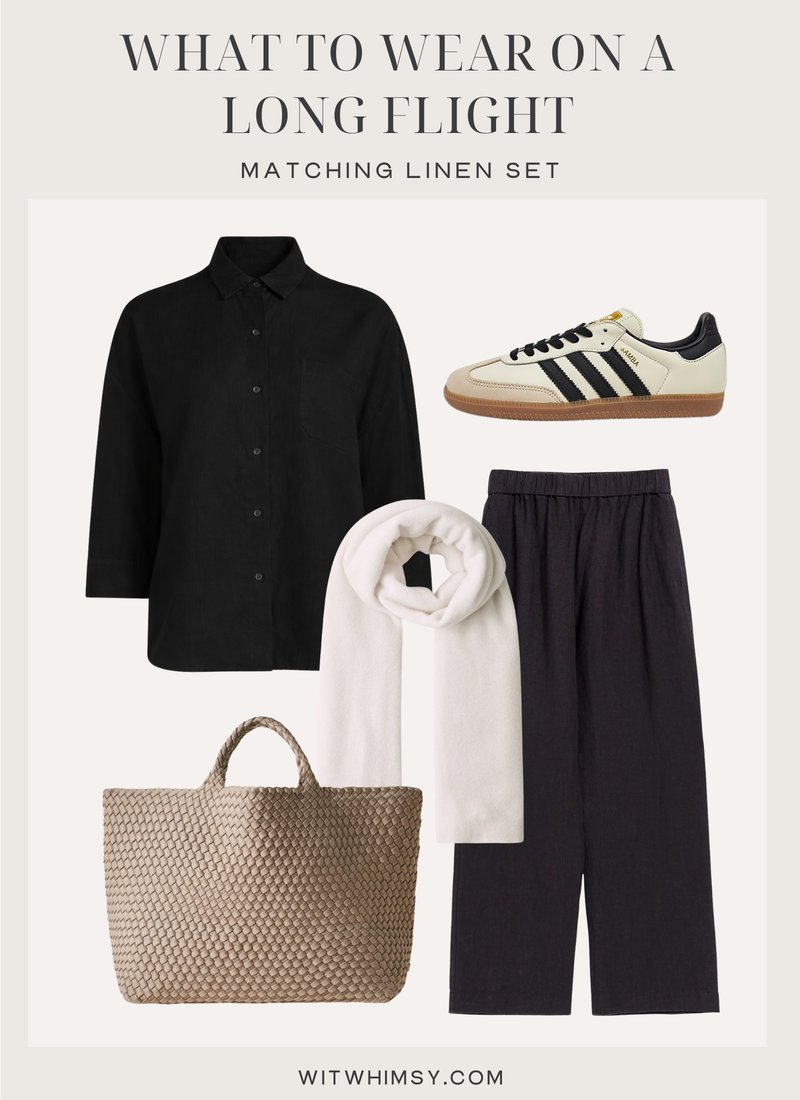 Flat lay of comfy travel clothes, sneakers, and a woven tote