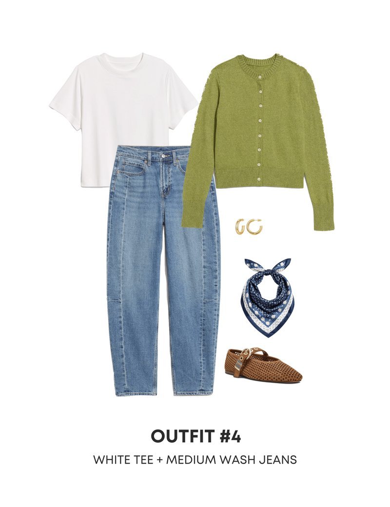 Flat lay of burgundy print top and dark wash jeans