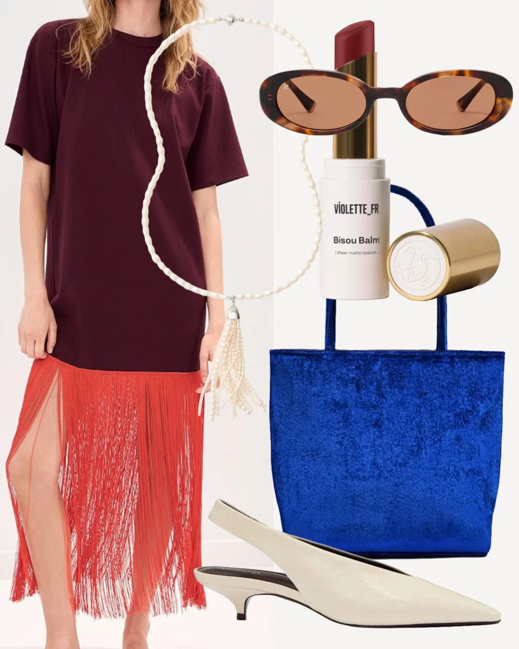 Fringe shirt dress with beaded tassel necklace and cream slingback heels
