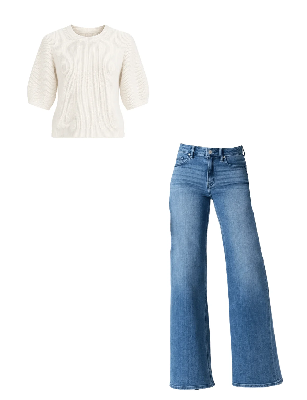Same white sweater and jeans styled with different accessories