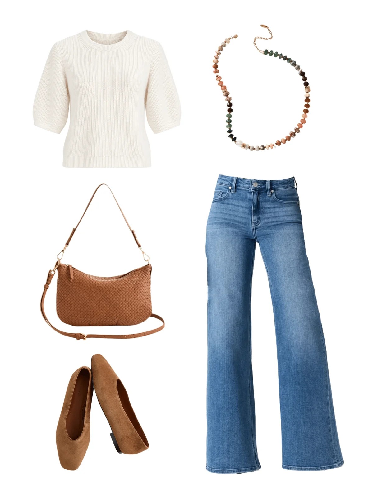White sweater and medium-wash wide-leg jeans styled simply
