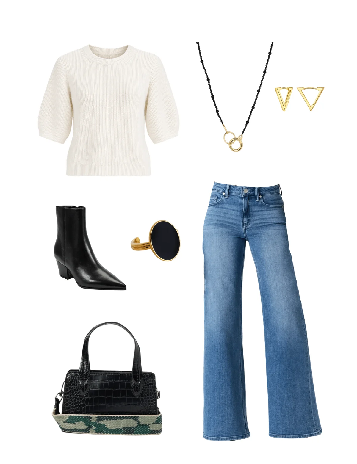 White sweater and jeans with bohemian earthy accessories