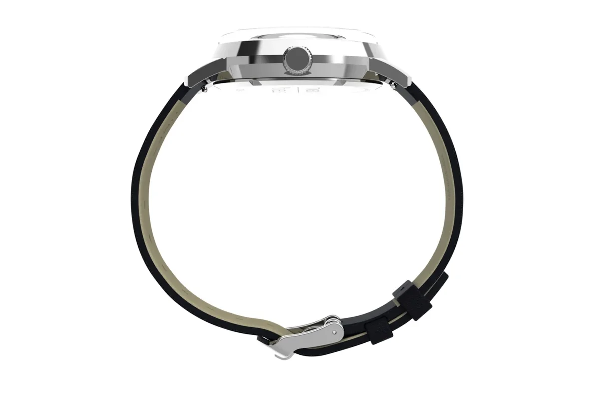 Side profile of silver Timex Marlin watch case with black leather strap